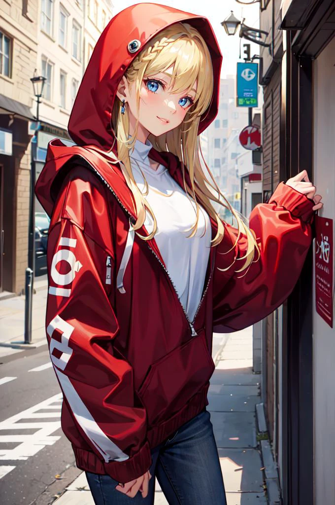 <lora:edgLittleRedHoodie:0.8> RHG, wearing RHG_hoodie, hood up, layered clothes, cowboy shot, oversized clothes, pocket, red hoodie,, ultra detailed, masterpiece, best quality, aesthetic, detailed,, solo, soft smile, light smile,
1girl, blue eyes, very long hair, blonde hair, long blonde hair, french braid, bangs, medium breasts,