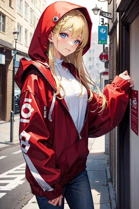 <lora:edgLittleRedHoodie:0.8> RHG, wearing RHG_hoodie, hood up, layered clothes, cowboy shot, oversized clothes, pocket,  red hoodie,, ultra detailed, masterpiece, best quality, aesthetic, detailed,, solo, soft smile, light smile,
1girl, blue eyes, very long hair, blonde hair, long blonde hair, french braid, bangs, medium breasts,