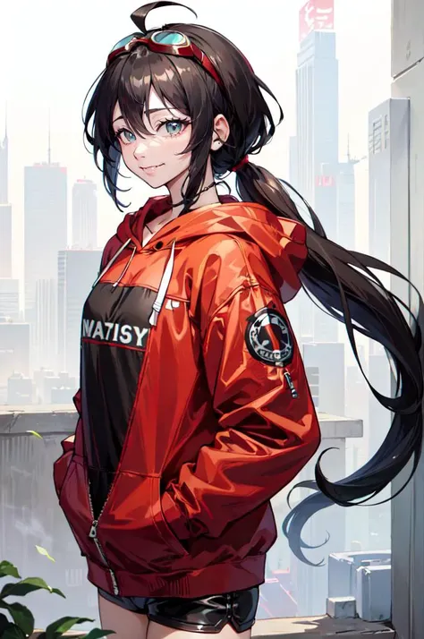 <lora:edgLittleRedHoodie:0.8> RHG, wearing RHG_hoodie, hood up, layered clothes, cowboy shot, oversized clothes, pocket, red hoodie,, ultra detailed, masterpiece, best quality, aesthetic, detailed,, solo, smile, 1girl, aqua eyes, black hair, <lora:low_ponytail-1.0:1> low ponytail, ahoge, absurdly long hair, very long hair, hair flaps, hair between eyes, bangs, crossed bangs, messy hair, small breasts, goggles on head, closed mouth,
