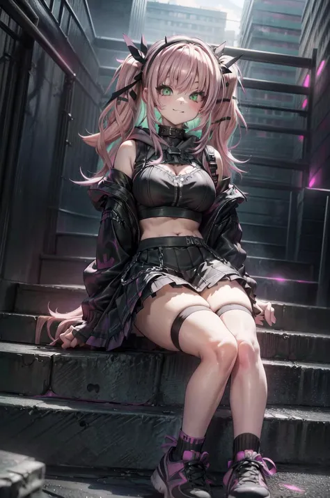 (volumetric lighting, Highres), (Detailed Illustration), Ultra-Detailed, 8k, nsfw, (detailed background, complex background:1.2), <lora:elie-nvwls-v2-zero:0.7> elie macdowell, huge breasts, green eyes, hairband, hair ribbon <lora:edgPastelHoodies:1.2> edgPastelGoth, hoodie, chain skirt, wearing edgPastelGoth, sitting, cityscape, stairs, sky, from below, sneakers, smile <lora:add_detail:.8> <lora:hairdetailer:0.6>