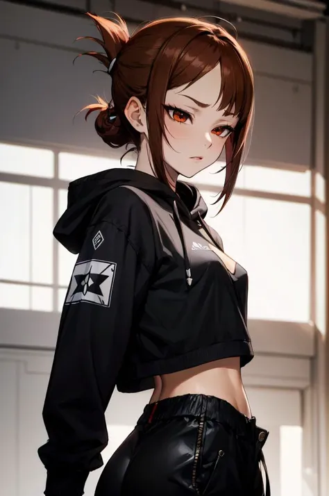 <lora:edgMuglerHoodies:1> hoodie, edgTM_style fashion, edgTM, eccentric clothing, wearing edgTM_style fashion hoodie, from behind, looking back,, absurdres, ultra detailed, masterpiece, best quality, aesthetic, detailed,, solo, frown,
1girl, red eyes, <lora:Tsurime3:1>, (tsurime:1.2), (brown hair:1.3), medium hair, (asymmetrical bangs, swept bangs, cowlick:1.35), flipped hair, <lora:foldedponytail:0.8> foldedponytail, folded ponytail, (small breasts:1.3),