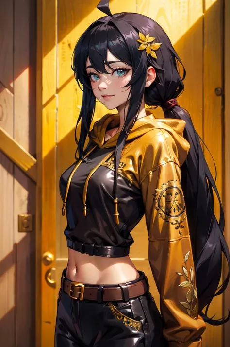 <lora:edgNoireHoodies:0.8> edgNoire, hoodie,  ([black dress, short skirt|hoodie]::0.5), a woman in a sheer see through ([black dress, short skirt|hoodie]::0.5), ,wearing edgNoire _(hoodie,leather belt, golden embroidery:1.2),, absurdres, ultra detailed, masterpiece, best quality, aesthetic, detailed,, katya1, solo, smile, 1girl, aqua eyes, black hair, <lora:low_ponytail-1.0:0.7> low ponytail, ahoge, absurdly long hair, very long hair, hair flaps, hair between eyes, bangs, crossed bangs, messy hair, small breasts, goggles on head, closed mouth,