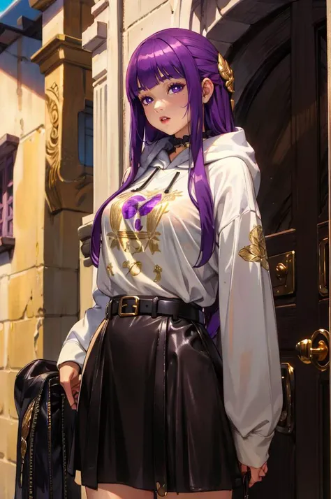 <lora:edgNoireHoodies:0.8> edgNoire, hoodie, ([black dress, short skirt|hoodie]::0.5), sheer see through ([black dress, short skirt|hoodie]::0.5), wearing edgNoire _(hoodie,leather belt, golden embroidery:1.2),   <lora:Fern:1> FernFrieren, very long hair, purple eyes, (purple pupils),, absurdres, ultra detailed, masterpiece, best quality, aesthetic, detailed,