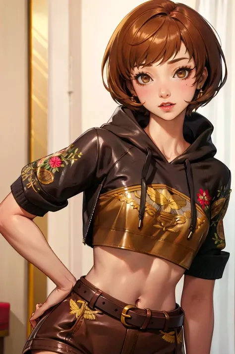 <lora:edgNoireHoodies:0.8> edgNoire, hoodie, ([black dress, short skirt|hoodie]::0.5), sheer see through ([black dress, short skirt|hoodie]::0.5), wearing edgNoire _(hoodie,leather belt, golden embroidery:1.2),    <lora:zs_Chie:1> brown eyes, short brown hair, chiep4,, absurdres, ultra detailed, masterpiece, best quality, aesthetic, detailed,