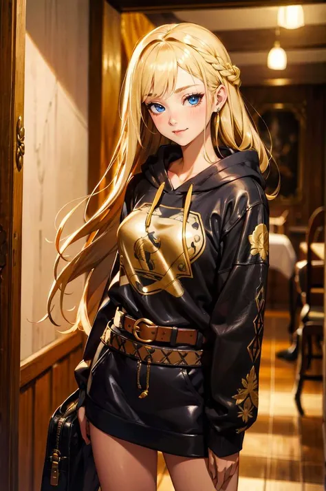 <lora:edgNoireHoodies:0.8> edgNoire, hoodie,  ([black dress, short skirt|hoodie]::0.5), a woman in a sheer see through ([black dress, short skirt|hoodie]::0.5), ,wearing edgNoire _(hoodie,leather belt, golden embroidery:1.2),, absurdres, ultra detailed, masterpiece, best quality, aesthetic, detailed,, solo, soft smile, light smile,
katya1, 1girl, blue eyes, very long hair, blonde hair, long blonde hair, french braid, bangs, medium breasts,