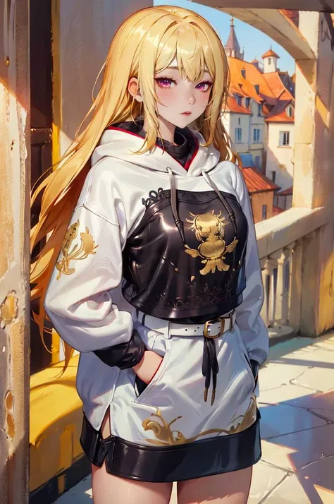 <lora:edgNoireHoodies:0.8> edgNoire, hoodie, ([black dress, short skirt|hoodie]::0.5), sheer see through ([black dress, short skirt|hoodie]::0.5), wearing edgNoire _(hoodie,leather belt, golden embroidery:1.2),   <lora:AVT:1> AveTetsuyaTI,, absurdres, ultra detailed, masterpiece, best quality, aesthetic, detailed,