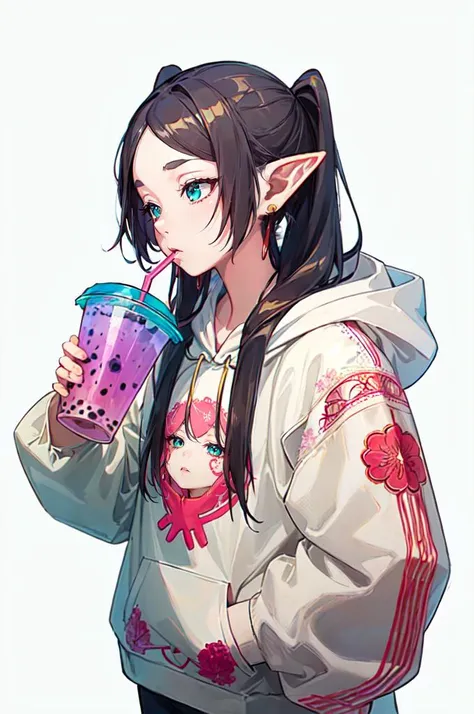 <lora:DudouHoodies:0.8> (dudou,dudou_embroidery:1.3), ([hoodie|dudou]::0.5), (hoodie:1.2),   cup, drinking straw, bubble tea,  <lora:Frieren:1> Frieren, twintails, earrings ,, ultra detailed, masterpiece, best quality, aesthetic, detailed,