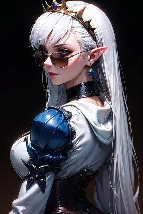 (highly detailed:1.3), 
1girl, solo, upper body, from behind, (tan background:1.1), 
<lora:edgCorsetHoodies:0.8>, edgCorset, white hoodie, light smile, (sunglasses:1.2), pointy ears, tiara, white hair, jewelry, earrings, blue eyes, blue gems, very long hair, 
Ultra-detail, (highres:1.1), best quality, (masterpiece:1.3), cinematic lighting, <lora:add_detail:0.5>, <lora:epi_noiseoffset2:1>, 
(highly detailed face and eyes:1.3),