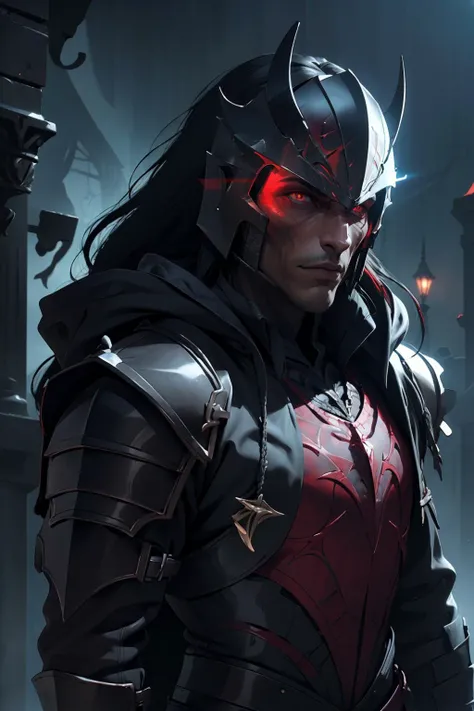 (masterpiece, best quality, highres, high resolution:1.2), extremely detailed, realistic, intricate details, 1boy, solo, looking at viewer,  <lora:strahd_v10:0.8> Strahd von Zarovich, vampire, long hair, <lora:edgBerserkHoodies-000008:1> hoodie,edgBerserker, wearing edgBerserker_([armor|hoodie]::0.5), helmet,shoulder armor,red eyes glowing, (cinematic lighting, bloom, volumetric),