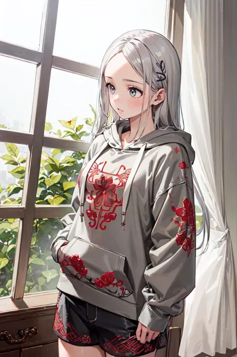 <lora:DudouHoodies:0.8> (dudou,dudou_embroidery:1.3), ([hoodie|dudou]::0.5), (hoodie:1.2), looking away, shorts,, ultra detailed, masterpiece, best quality, aesthetic, detailed,, serious, 1girl, (white eyes:1.1), (grey eyes:1.3), white hair, very long hair, parted hair, parted bangs, <lora:parted_hair_v1.3:1.3>, medium breasts,