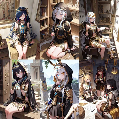 (otherworldly), highly insanely detailed, masterpiece, top quality, best quality, highres, 4k, 8k, RAW photo, (very aesthetic, beautiful and aesthetic), ((Dojinshi, doujinshi magazine cover), Graphic Design:1.2), (The text on the cover should be bold and attention-grabbing, with the title of the magazine and a catchy headline. The overall style should be modern and trendy, with a focus on fashion and lifestyle), wall paper,fashion,depth of field, contrapposto,female focus,model, photorealistic,fine fabric emphasis,
((ancient egyptian theme:1.2)), ancient egyptian symbol,
upper body, 1girl, (steel gray eyes), very short hair, dark brown hair, parted bangs, crossed bangs,
cleavage,
queen from ancient egypt wearing Linen corset with beaded scarab accents, linen skirt with sequin detailing, gold collar necklace, leather sandals with anklet chains,
dark chestnut lips, tongue sticking out, squatting spread legs position, squatting, spread legs, crouching,
(temple, Meditation Chamber, Serene space with a tranquil reflecting pool, lush greenery creating a peaceful atmosphere, soft sunlight filtering through stained glass windows, and cushions arranged for quiet contemplation:1.25),
<lora:gangfeng:0>, gangfeng, (fantasy world)