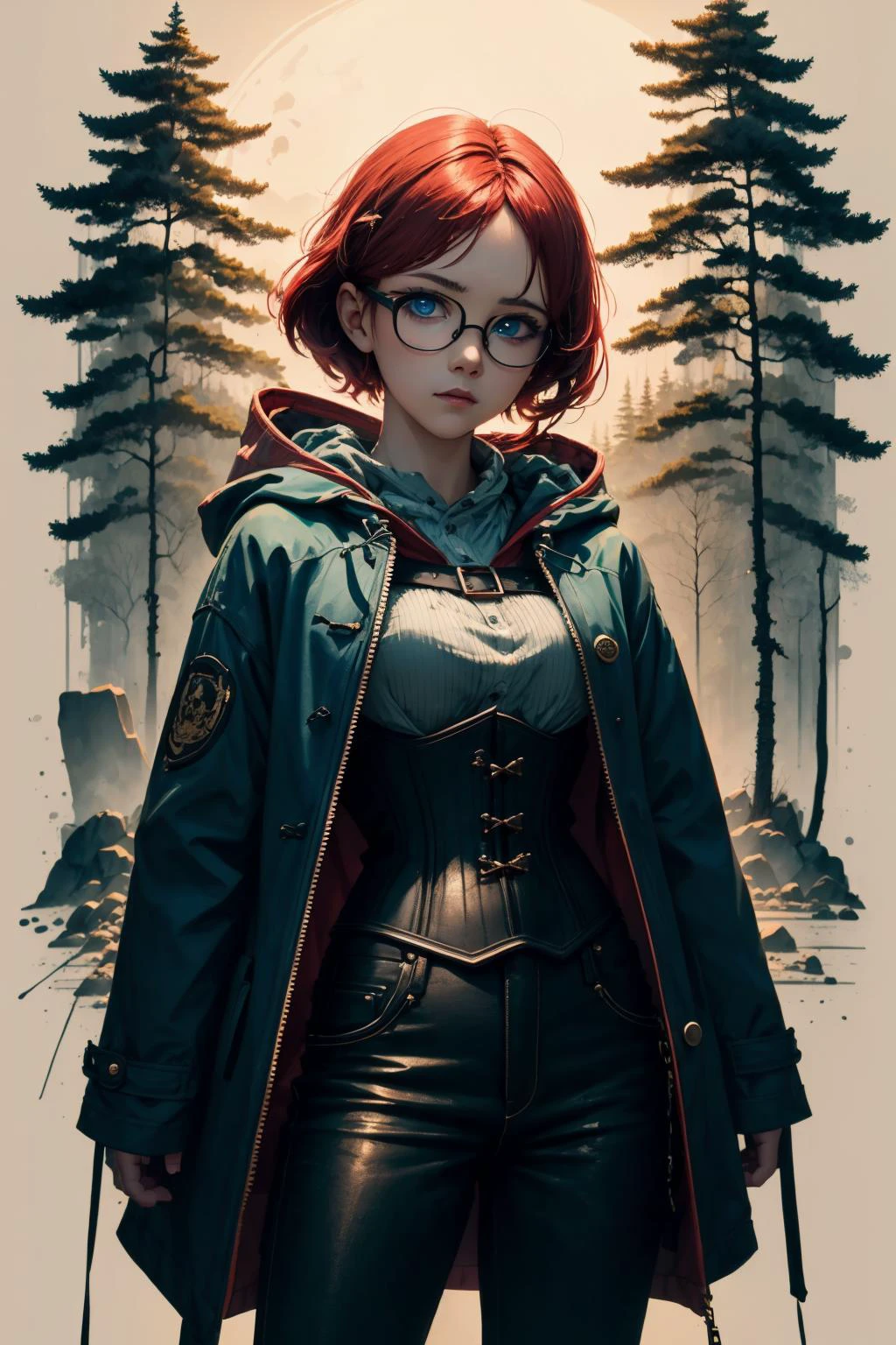 1girl,(looking at viewer:1.2),(blue eyes:1.2),(glasses:1.2),(open coat:1.2),<lora:edgCorsetHoodies:1>,edgCorset,hoodie,(red hair:1.1),short hair,black pants,
(outdoors:1.1),(forest:1.1),(dark theme:1.1),BREAK Ultra-detail,(highres:1.1),best quality,(masterpiece:1.3),cinematic lighting,posing for a picture,wilds,<lora:epi_noiseoffset2:1>,<lora:ink-0.1-3-b28-bf16-D128-A1-1-ep64-768-DAdaptation-cosine:1>,((ink:1.2)),