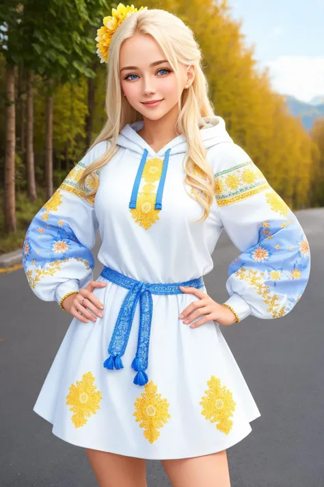 Masterpiece, absurdres, fine detail, HDR,hoodie,blue,yellow,
blonde woman,beautiful smile, highly detailed facial features, floral embroidery, hoodie, a woman posing for a picture , wearing [edgVyshivanka|hoodie],edgVyshivanka style embroidery 
edgVyshivanka style embroidery, wearing edgVyshivanka, 1girl, solo, long hair, looking at viewer, smile, blue eyes, blonde hair, dress, standing, full body, white dress, hand on hip, sash, white footwear, skirt hold, photo background
 <lora:VyshivankaHoodies:0.88>