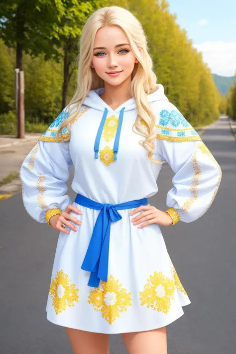 Masterpiece, absurdres, fine detail, HDR,hoodie,blue,yellow,
blonde woman,beautiful smile, highly detailed facial features, floral embroidery, hoodie, a woman posing for a picture , wearing [edgVyshivanka|hoodie],edgVyshivanka style embroidery 
edgVyshivanka style embroidery, wearing edgVyshivanka, 1girl, solo, long hair, looking at viewer, smile, blue eyes, blonde hair, dress, standing, full body, white dress, hand on hip, sash, white footwear, skirt hold, photo background
 <lora:VyshivankaHoodies:0.88>