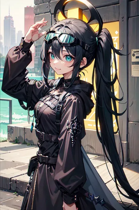 <lora:DarkHoodies:1> ([hoodie|GothGal|DRK_Glam,armor]::0.55), dark armor, GothGal_hoodie, (goggles on head:1.3),, ultra detailed, masterpiece, best quality, aesthetic, detailed,, solo, smile, 1girl, aqua eyes, black hair, <lora:low_ponytail-1.0:1> low ponytail, ahoge, absurdly long hair, very long hair, hair flaps, hair between eyes, bangs, crossed bangs, messy hair, small breasts, goggles on head, closed mouth,