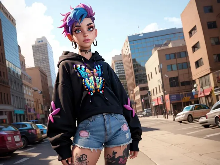 (Style: (pixar), 3d, cartoon, realistic, realism, (epic:1.2), trending on artstation, ((high quality:1.2, masterpiece:1.2)) , (8k resolution) , high details, incredibly absurdres, color connection, colorized, colorful),
((((butterfly:1.3)), animal, print hoodie:1.2), wearing edgPastelGoth),
<lora:edgPastelHoodies:0.7>