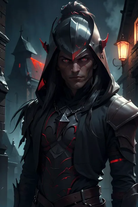 (masterpiece, best quality, highres, high resolution:1.2), extremely detailed, realistic, intricate details, 1boy, solo, looking at viewer,  <lora:strahd_v10:0.8> Strahd von Zarovich, vampire, long hair, <lora:edgBerserkHoodies-000008:1> hoodie,edgBerserker, wearing edgBerserker_([armor|hoodie]::0.5), helmet,shoulder armor,red eyes glowing, (cinematic lighting, bloom, volumetric),