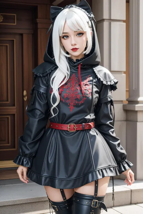 (masterpiece, best quality),  intricate details,
1girl,  necromancer,hood,  white  hair, red eyes, hip cut out, thigh high boots, pale leg, ,   
<lora:DarkHoodies:0.8> ([hoodie|GothGal|DRK_Glam,armor]::0.55), dark armor, GothGal_hoodie, frills, ruffles,  leather armor, leather pauldrons, belts, straps,