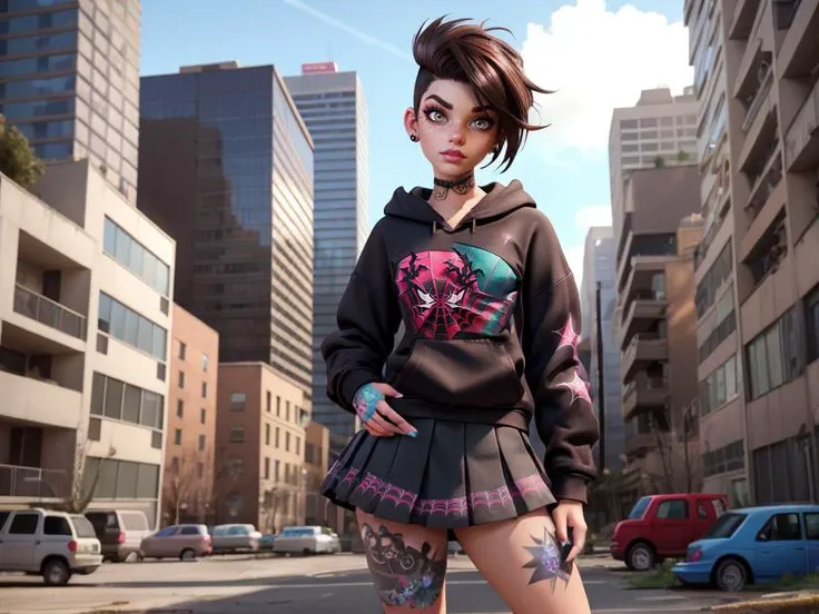 (Style: disney, (pixar), 3d, cartoon, realistic, realism, (epic:1.2), trending on artstation, ((high quality:1.2, masterpiece:1.2)) , (8k resolution) , high details, incredibly absurdres, color connection, colorized, colorful, sexy, nsfw, seductive),
((spider print:1.3), wearing edgPastelGoth),
(Backround: overgrown buildings, playground ruins)
<lora:edgPastelHoodies:0.5>