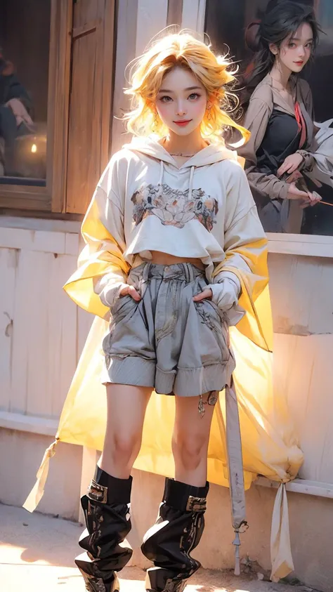 (Realistic),masterpiece,best quality,cinematic lighting,natural shadow,highest detail,professional photography,detailed background,depth of field,insane details,intricate,aesthetic,detailed face,subsurface scattering,looking at viewer,Fish-Eye Lens,
edgPastelGoth,1girl,solo,photo of a cute girl,full body,light smile,charming,20yo,Straight hair.shiny hair,Canary yellow hair,hoodie,chain skirt,wearing Lemon Yellow edgPastelGoth,Lehenga,Gather,Hands in pockets pose,
<lora:add_detail:1>,<lora:Better light:1>,<lora:edgPastelHoodies:1>,