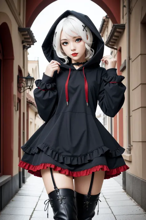 (masterpiece, best quality),  intricate details,
1girl,  necromancer,hood,  white  hair, red eyes, hip cut out, thigh high boots, pale leg, ,   
<lora:DarkHoodies:0.8> ([hoodie|GothGal|DRK_Glam,armor]::0.55), dark armor, GothGal_hoodie, frills, ruffles,