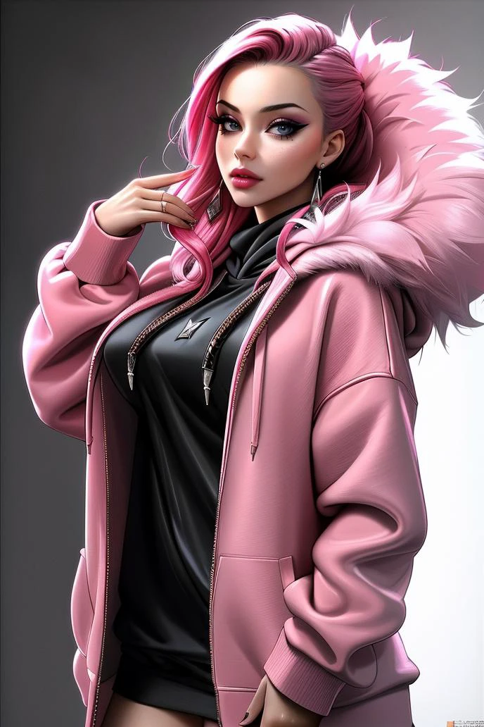 ((Masterpiece, best quality,edgQuality))
((hoodie with a pink fur coat)),edgJG fashion, a woman in a ((designer dress)),wearing edgJG_style clothing <lora:edgGallianoHoodies:1>