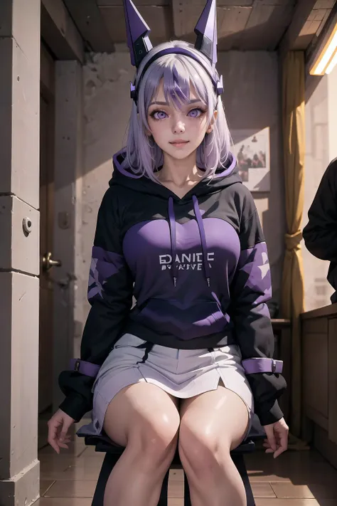 masterpiece, best quality, Meina, <lora:MeinaV2:0.8>, headgear, purple eyes, edgNoire, hoodie,  ([black dress, short skirt|hoodie]::0.5), <lora:Outfit_NoireHoodies:0.8>, light smile,