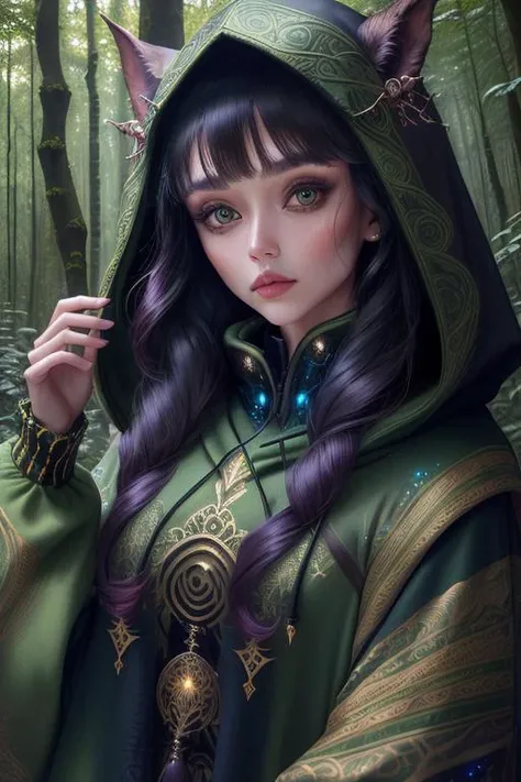 woman in a mythical forest, masterpiece, perfect face, intricate details, horror theme, raw photo, photo unp <lora:edgFantasyHoodies:1> wearing a hoodie in edgFD style, fantasy_dress, edgFD_hoodie, sparkling, cosmic,