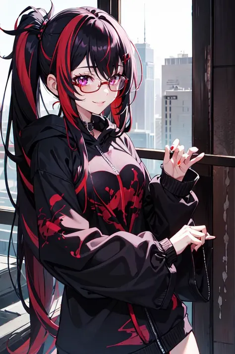 <lora:DarkHoodies:1> ([hoodie|GothGal|DRK_Glam,armor]::0.55), dark armor, GothGal_hoodie,, ultra detailed, masterpiece, best quality, aesthetic, detailed,, solo, smug smile, 1girl, purple eyes, red-framed eyewear, (black hair, red colored tips:1.2), red streaked hair, very long hair, side ponytail, tied hair, medium breasts,