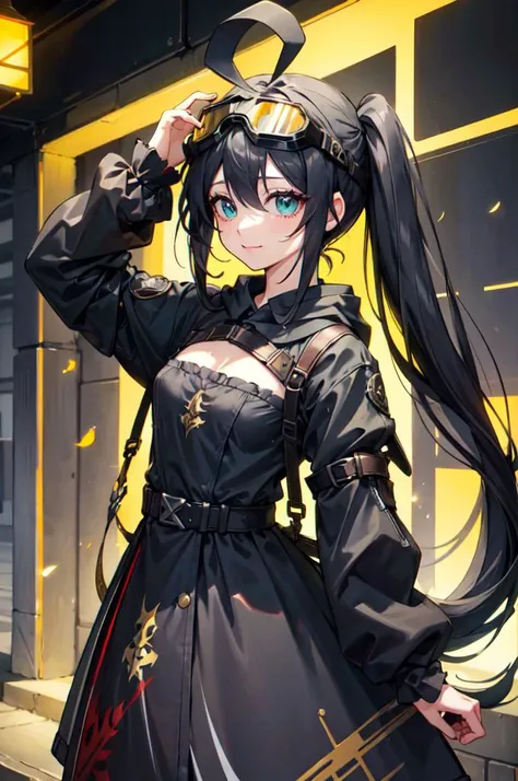 <lora:DarkHoodies:1> ([hoodie|GothGal|DRK_Glam,armor]::0.55), dark armor, GothGal_hoodie, (goggles on head:1.3),, ultra detailed, masterpiece, best quality, aesthetic, detailed,, solo, smile, 1girl, aqua eyes, black hair, <lora:low_ponytail-1.0:1> low ponytail, ahoge, absurdly long hair, very long hair, hair flaps, hair between eyes, bangs, crossed bangs, messy hair, small breasts, goggles on head, closed mouth,