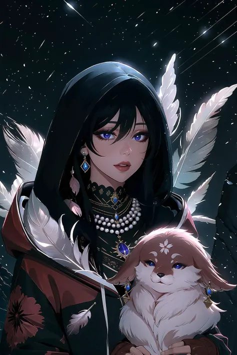 Highly detailed, High Quality, Masterpiece, beautiful, hoodie, edgTM, wearing edgTM_style fashion, eccentric clothing, <lora:Outfit_Mugler:1>, hood down, jewelry, upper body, (feathers:1.1), pearl necklace, flower, night, (dark environment), <lora:Style_DarkIncursioStyle:1>, YaeMikoFox, no humans, <lora:Char_GenshinImpact_YaeMikoFox:1>