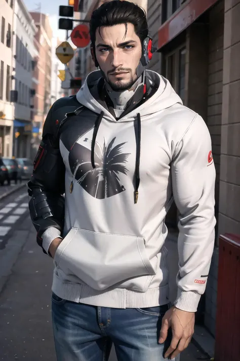 Highly detailed, High Quality, Masterpiece, beautiful, 1boy, solo, edgNoire, hoodie,  ([black dress, short skirt|hoodie]::0.5), <lora:Outfit_NoireHoodies:0.8>, Jetstream Sam, facial hair, male focus, beard, cyborg, <lora:Char_MGR_JetstreamSam:0.6>