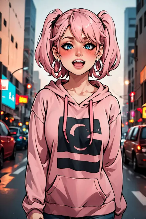 best quality, highly detailed, 8K RAW photo, film grain, bokeh, <lora:edgGoldenAgeHoodies:1> hoodie,edgGol,  woman wearing edgGol_hoodie, add clothing related tags <lora:Degen-EmilyV2:0.8> emily, short hair, twintails, pink hair, hoop earrings, blush, :d