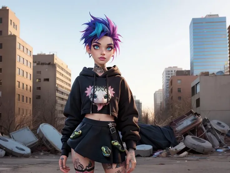 (Style: disney, (pixar), 3d, cartoon, realistic, realism, (epic:1.2), trending on artstation, ((high quality:1.2, masterpiece:1.2)) , (8k resolution) , high details, incredibly absurdres, color connection, colorized, colorful, sexy, nsfw, seductive),
((snake:1.3) print, wearing edgPastelGoth),
(Backround: overgrown buildings, playground ruins)
<lora:edgPastelHoodies:0.5>