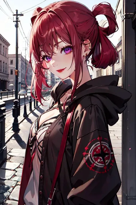 <lora:DarkHoodies:1> ([hoodie|GothGal|DRK_Glam,armor]::0.55), dark armor, GothGal_hoodie,, ultra detailed, masterpiece, best quality, aesthetic, detailed,, solo, seductive smile, red lips,
1girl, purple eyes, red hair, blunt bangs, medium breasts, <lora:hair_rings:1> low hair rings, <lora:EllaNyan:1>,