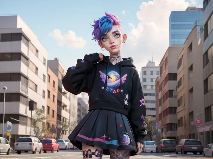 (Style: disney, (pixar), 3d, cartoon, realistic, realism, (epic:1.2), trending on artstation, ((high quality:1.2, masterpiece:1.2)) , (8k resolution) , high details, incredibly absurdres, color connection, colorized, colorful, sexy, nsfw, seductive),
((interstellar:1.3) print, wearing edgPastelGoth),
(Backround: overgrown buildings, playground ruins)
<lora:edgPastelHoodies:0.5>