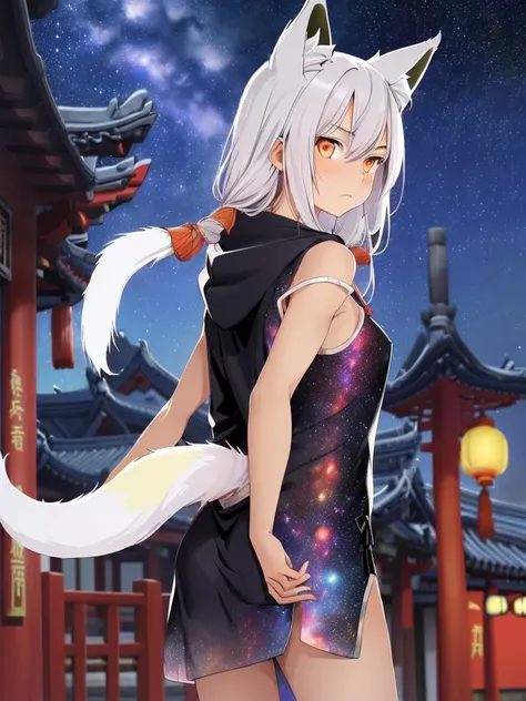 1girl, (18yo:1.2), glaring, from behind, (galaxy:1.2), star \(sky\), (night sky:1.4), outdoors, (upper body:1.4), detailed sky, night, (arms at sides:1.4), bule eyes, china dress, east asian architecture, see-through, (fluffy fox tail:1.2) <lora:realtail2:1> realtail, <lora:VyshivankaHoodies:1> edgVyshivanka , hoodie