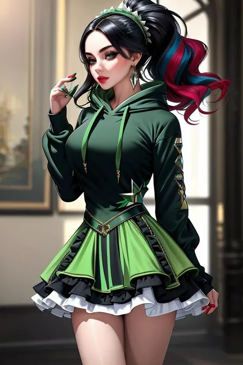 ((Masterpiece, best quality,edgQuality))
((hoodie)),edgJG fashion, a woman in a ((designer dress)),green costume, frills ,wearing edgJG_style clothing <lora:edgGallianoHoodies:1>