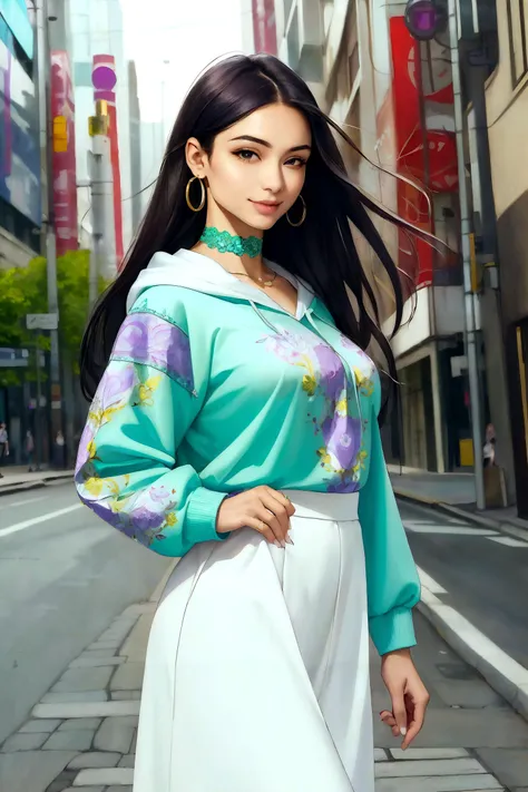 (masterpiece:1.3), (best quality:1.2), (intricate detailed:1.2), (hyperrealistic:1.2), highly detailed, illustration, absurd res, perspective, highly detailed, detailed background, background blur, focus, a japanese woman walking in the city, buildings, plants, milf, mature woman, 1girl, (intricately detailed full body), smile, mixed korean, long hair, dark hair, (nature breasts:1.2), perfect hands, detailed fingers, beautiful detailed eyes, purple eyes, perfect eyes, seductive eyes, beautiful earrings, ring, light green choker, white skirt, looking at the viewer, from front, 
<lora:edg_vyshivankaHoodies:0.88>, hoodie, blue, yellow, floral embroidery, hoodie, wearing [edgVyshivanka|hoodie], edgVyshivanka style embroidery, wearing edgVyshivanka, 
<lora:sxz-niji-v2:0.2>