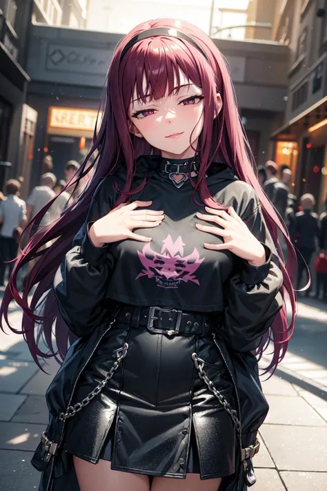 masterpiece, best quality, ultra-detailed, glistening shiny, glowing light, ray tracing, HDR, deph of field, (perfect face, detailed face, detailed eyes,perfect hands,perfect fingers), 8k,HD,ultra realistic face,ray tracing,perfect lighting,best quality, ultra-detailed,
kotoha tanaka, long hair, hairband, smile, dark red hair, edgPastelGoth, wearing edgPastelGoth, hoodie, chain skirt,
<lora:kotoha_tanaka_v1:0.7> <lora:sensualface_type1:1> <lora:edgPastelHoodies:1>