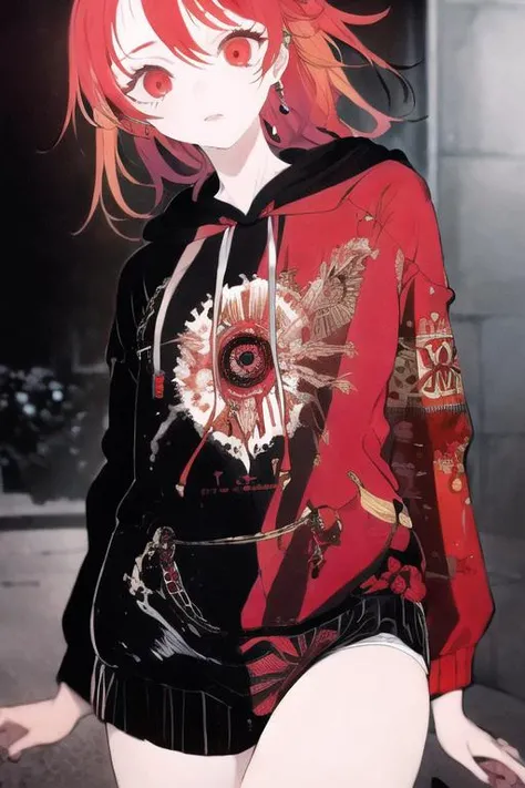 masterpiece, fisheye, 1girl, solo, hoodie,((edgCoquine)), <lora:CoquineHoodies:0.8>, head out of frame, , , dark background,red,iridescent hair, <lora:Iridescence:0.8>