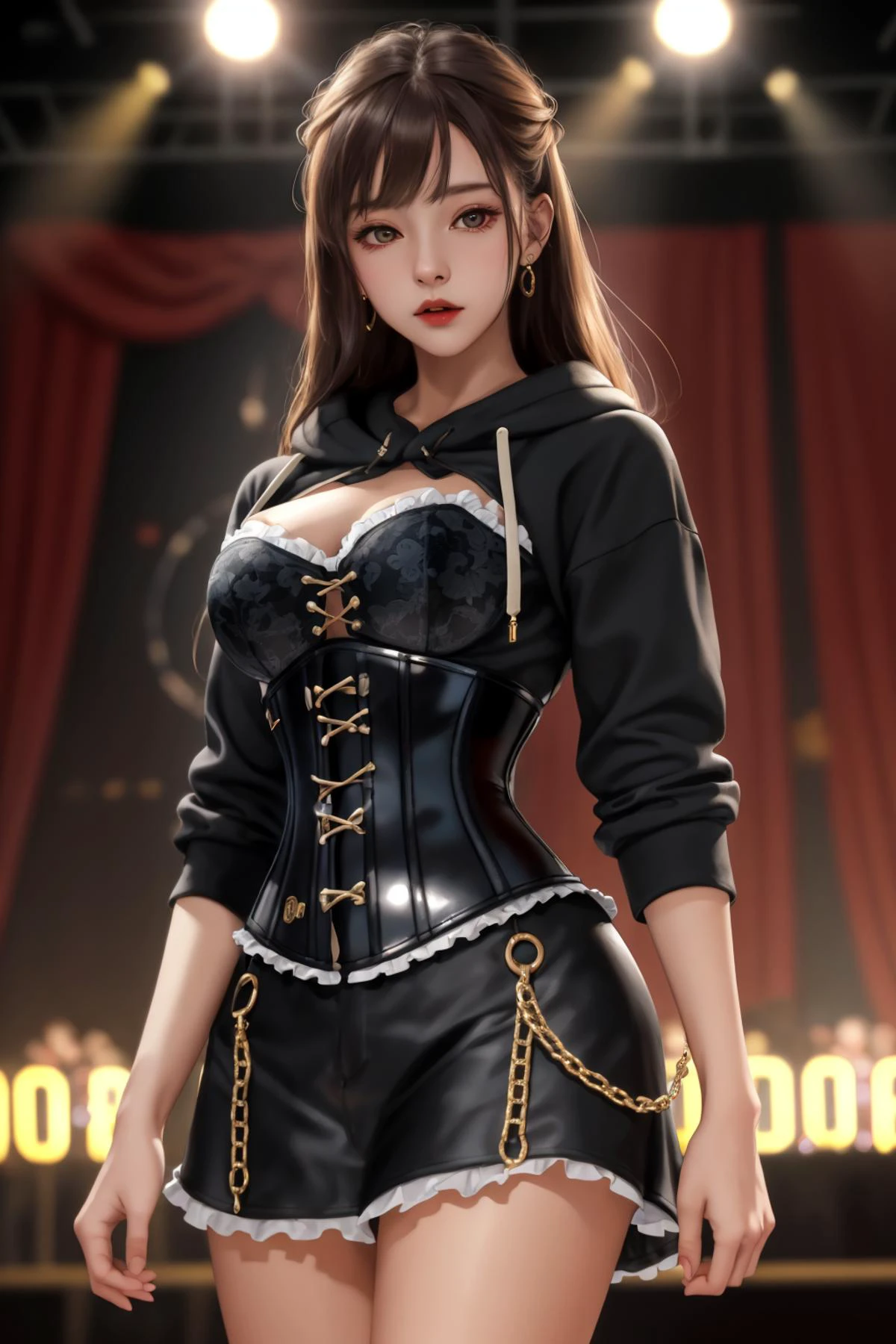 8k,highres,absurdres,masterpiece,best quality,original,extremely detailed CG,extremely detailed wallpaper,perfect lighting,<lyco:GoodHands-beta2:1>,
1girl,solo,blurry_background,looking_at_viewer,standing on the stage,
<lora:edgCorsetHoodies:0.8>,edgCorset,hoodie,