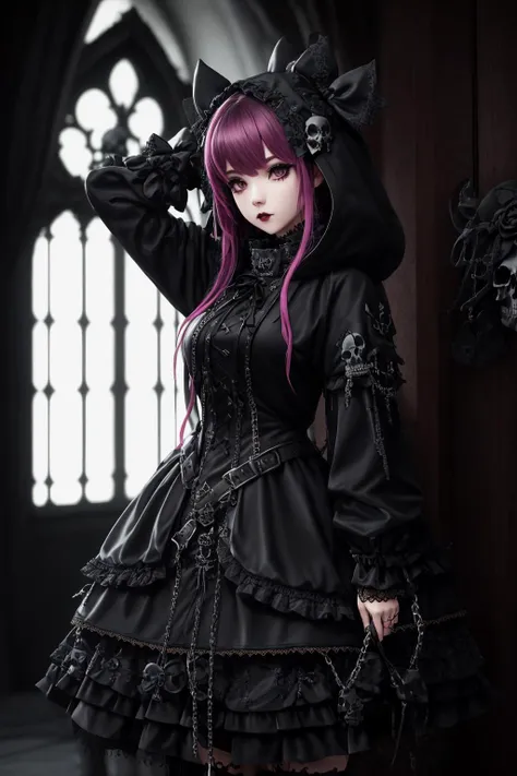 Masterpiece, absurdres,award winning photo, extremely detailed, amazing, fine detail,
([hoodie|DRK_GLAM|GothGal]::0.5),
DRK_GLAM,,a woman wearing a GothGal_hoodie, frills, ribbons, lace,((skulls)),iron chains,leather,
 <lora:DarkHoodies:0.75>