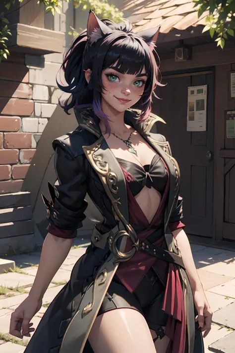 highres, masterpiece, perfect lighting, bloom, cinematic lighting, adult, female, looking at viewer, full body portrait, (RSEEmma:1.5),<lora:RSERomantic_RSESofiko_RSEEmma-v1:0.3>, xivuraeuscoat, <lora:XIVUraeusCoat_v10:1> cat ears, side-swept bangs, black hair, pink IncursioDipDyedHair, messy mid ponytail, green eyes, thick eyebrows, freckles, smile <lora:DipDyedHair:1>