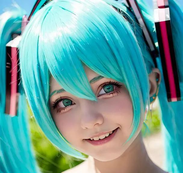 girl portrait , saya scarleth , cosplayer, hatsune miku , teal hair, happy face , <lora:Saya01:0.8>