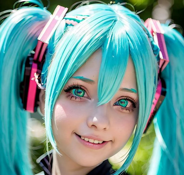 girl portrait , saya scarleth , cosplayer, hatsune miku , teal hair, happy face , twins pigtails <lora:Saya01:0.7>