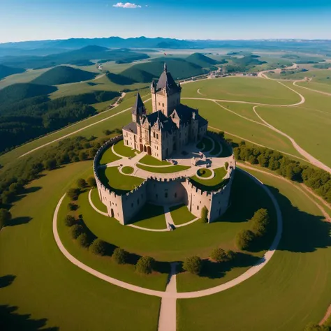best quality,masterpiece,highly detailed,ultra-detailed, <lora:neg4all_bdsqlsz_V3.5:-1> mountainous horizon, <lora:DronePhoto_last:2>european castle on top of mountain, ,, from Drone Photography , aerial perspectives, stunning vistas, unique angles, breathtaking landscapes, high-definition images, bird's-eye view, creative possibilities, cinematic shots, architectural details,