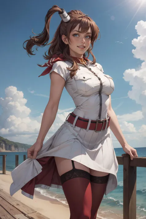 (masterpiece, best quality, 4k, detailed, intricate, realistic),outside,sunlight,standing on pier,ocean,1girl,  saratoga, side ponytail, smokestack hair ornament,white dress, breast pocket, red thighhighs, garter straps, red neckerchief, belt,grin,brown hair,blue eyes  <lora:kancolle_saratoga:0.8>