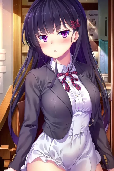 zakuronanase, <lyco:zakuronanase-lyco-nochekaiser:1>,
zakuro nanase, long hair, black hair, hair ornament, (purple eyes:1.1), hair bow, bangs, blunt bangs,
BREAK shirt, school uniform, white shirt, frills, red bow, plaid, center frills, plaid bow,
BREAK indoors, classroom,
BREAK looking at viewer, (cowboy shot:1.5),
BREAK <lyco:GoodHands-beta2:1>, (masterpiece:1.2), best quality, high resolution, unity 8k wallpaper, (illustration:0.8), (beautiful detailed eyes:1.6), extremely detailed face, perfect lighting, extremely detailed CG, (perfect hands, perfect anatomy),