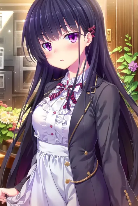 zakuronanase, <lyco:zakuronanase-lyco-nochekaiser:1>,
zakuro nanase, long hair, black hair, hair ornament, (purple eyes:1.1), hair bow, bangs, blunt bangs,
BREAK shirt, school uniform, white shirt, frills, red bow, plaid, center frills, plaid bow,
BREAK indoors, classroom,
BREAK looking at viewer, (cowboy shot:1.5),
BREAK <lyco:GoodHands-beta2:1>, (masterpiece:1.2), best quality, high resolution, unity 8k wallpaper, (illustration:0.8), (beautiful detailed eyes:1.6), extremely detailed face, perfect lighting, extremely detailed CG, (perfect hands, perfect anatomy),